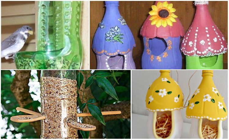 Casinhas e comedouros de pássaros feitos de garrafa PET