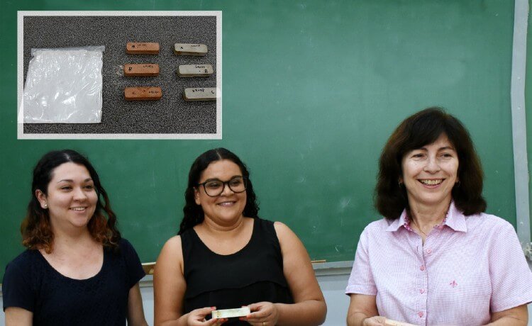 A professora Gladis Camarini e as alunas Sofia Campos e Janaína Domingos de Souza