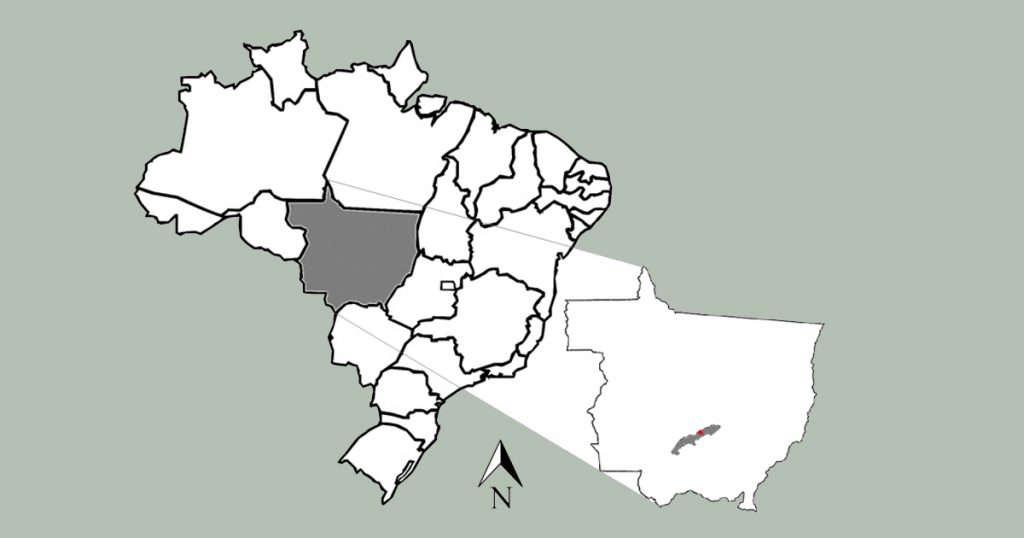Mapa destacando o Estado do Mato grosso e o município de Rosário
