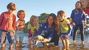 Crianças acompanham soltura de tartaruga-marinha durante atividade de conscientização ambiental