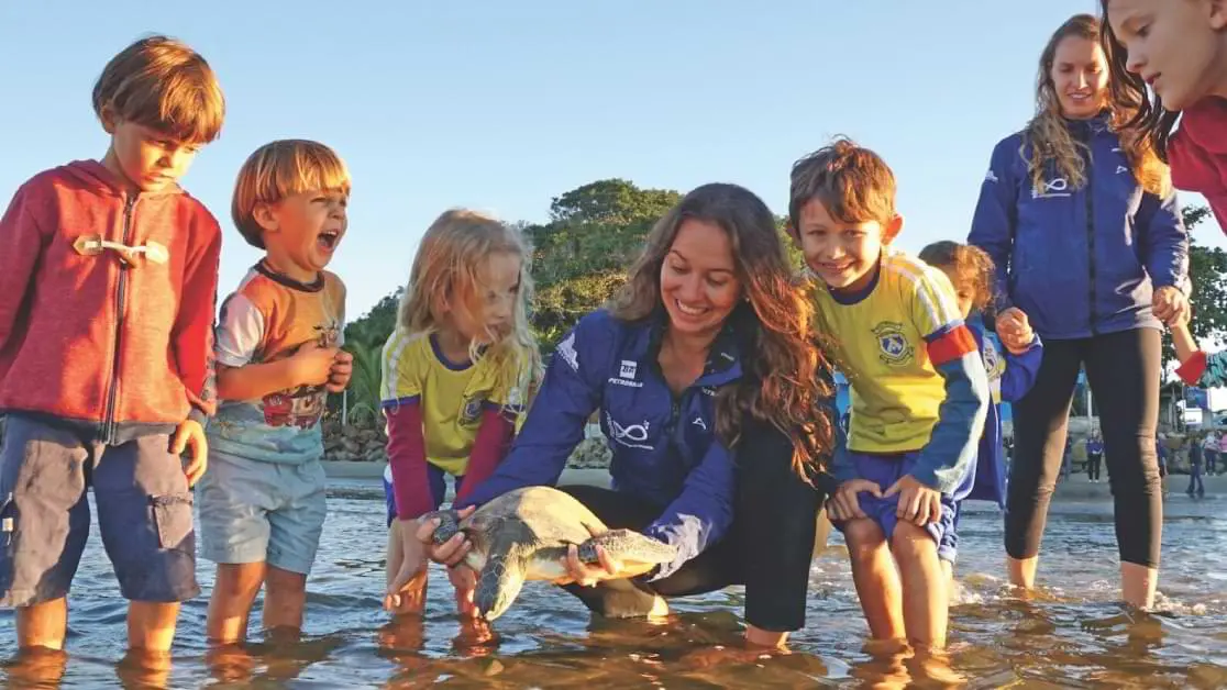 Crianças acompanham soltura de tartaruga-marinha durante atividade de conscientização ambiental