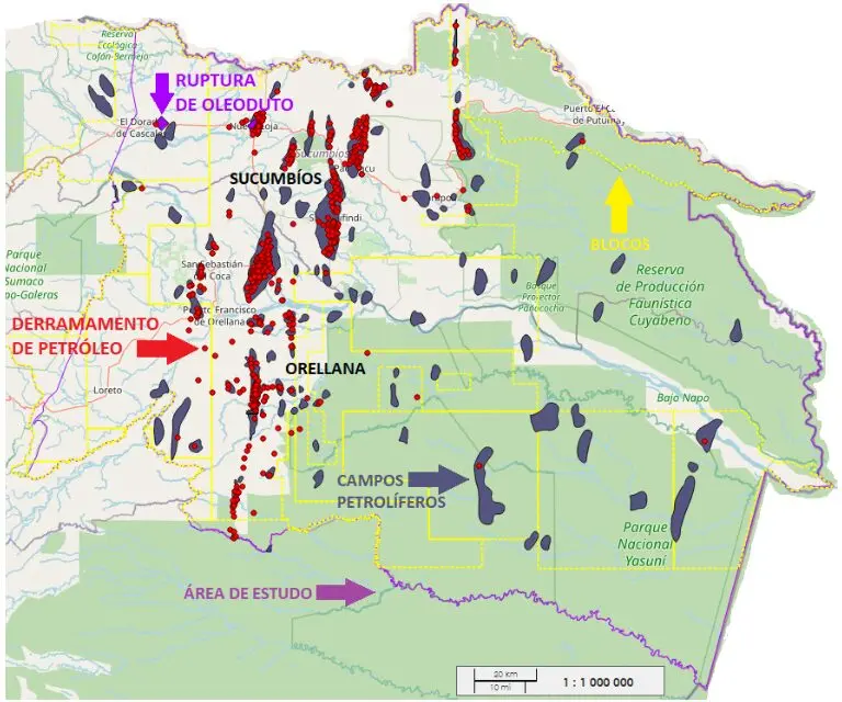 Derramamentos como consequência da exploração de petróleo na Amazônia equatoriana.