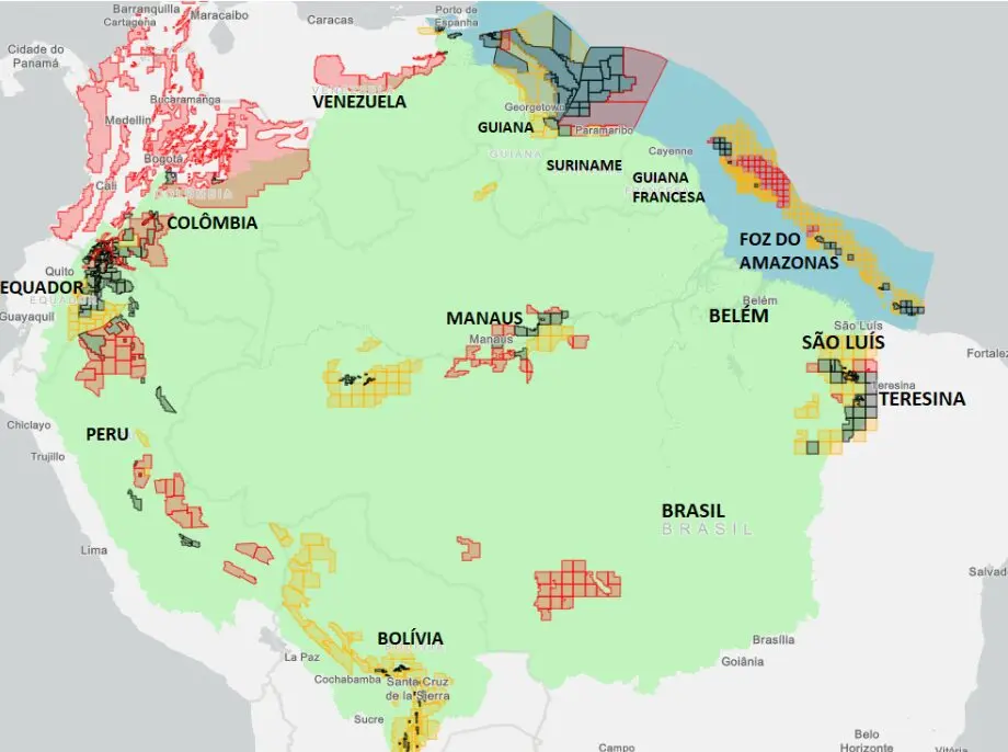 Áreas da Pan-Amazônia em alguma fase de processo exploratório da indústria de combustíveis fósseis. Em vermelho são áreas em fase de oferta ou solicitação, em amarelo são áreas em estudo ou que já estão reservadas e em cinza escuro estão as áreas em exploração ou produção.
